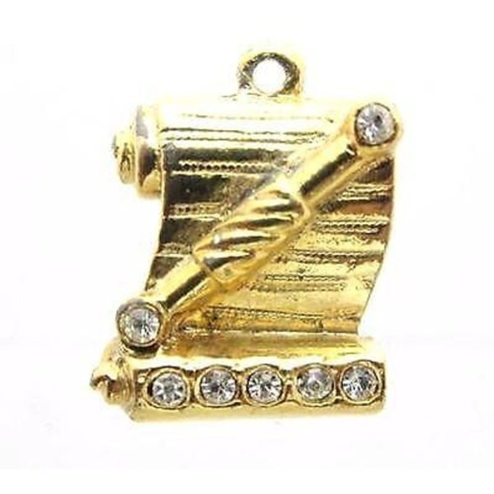 Vintage Gold‎ Plated Clear Rhinestone Scroll Diploma Charm Necklace Pendant